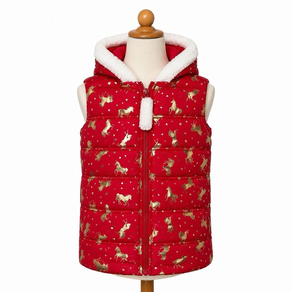 Isaac Mizrahi Girls Quilted Hooded Vest Red Metallic Unicorns Med 7-8 Faux Fur